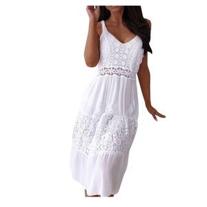 Women Summer Casual Dress Lace Stitching Strap Beach Sun Dress Breathable Midi